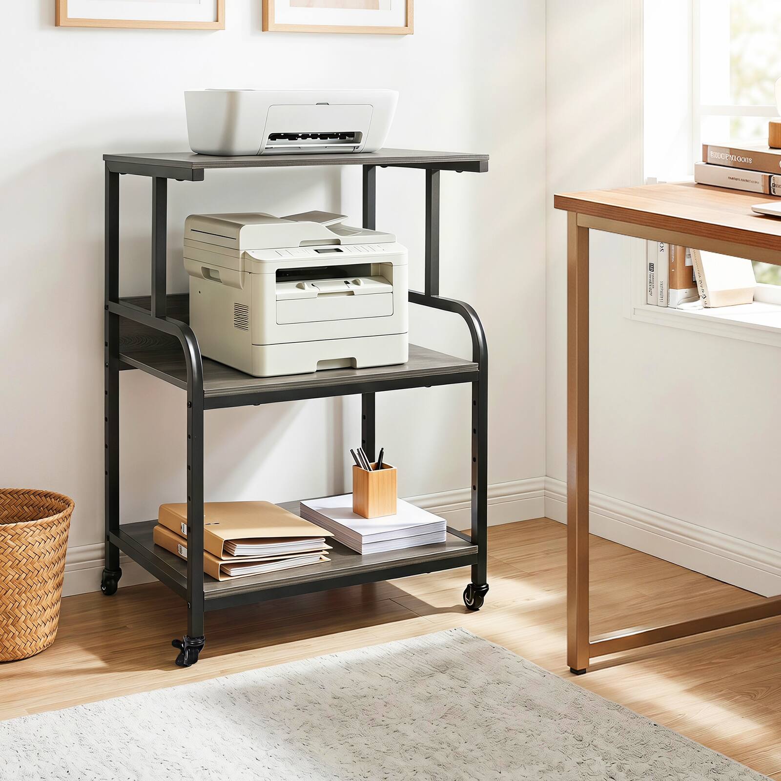 Alt View 1. Costway - Costway 3-Tier Rolling Printer Stand with Adjustable Shelf, Lockable Wheels, Metal Frame - Oak & Black.