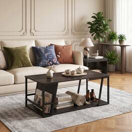WELLFOR - 2 Tier Rectangle Coffee Table with Storage Shelf and Compartment, Industrial Accent Table for Living Room - Brown