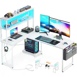 AODK - Reversible L-Shaped Gaming Desk with LED Light, Power Outlet, Shelf, Storage Bag and Hook - White