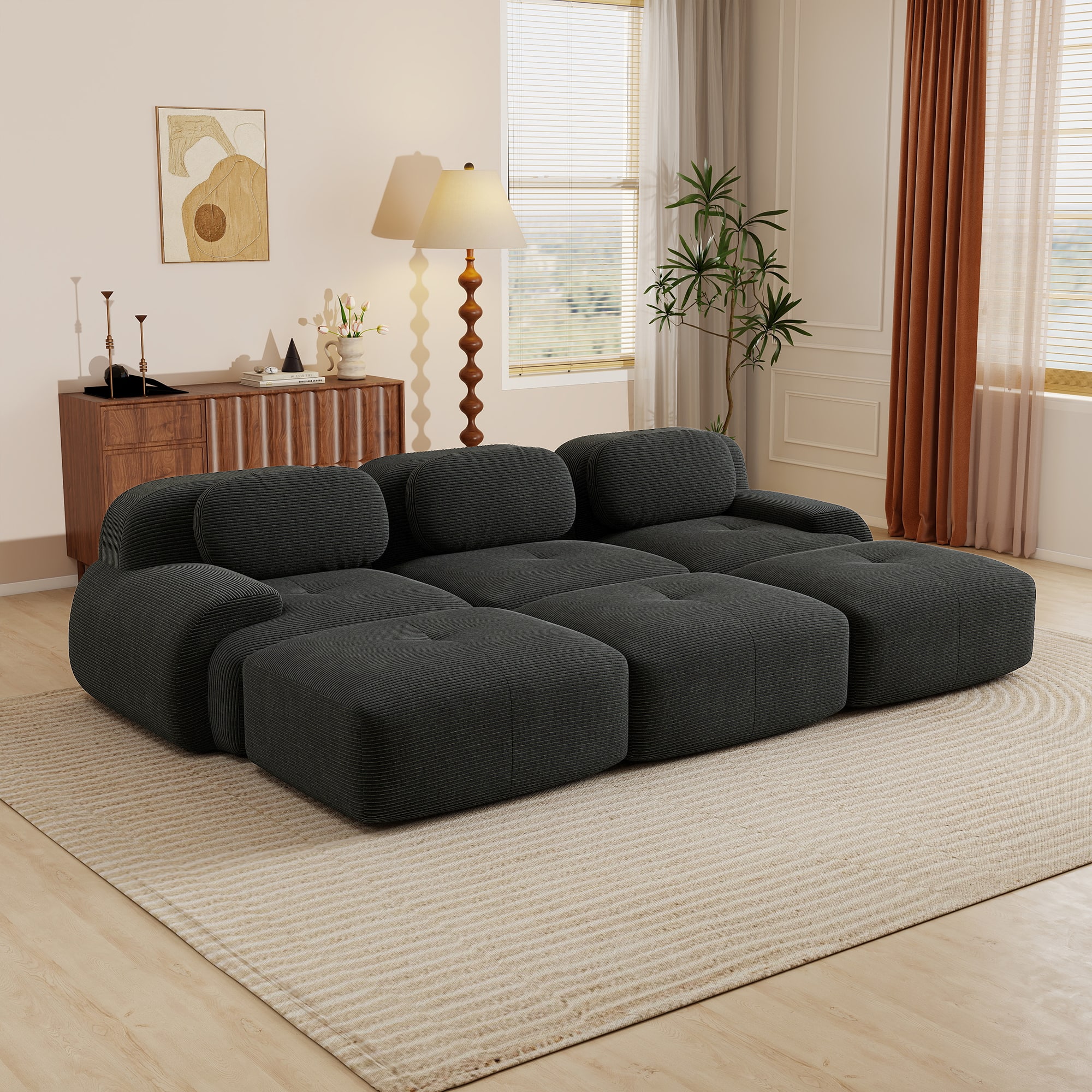 Front. Aukfa - 3 seats Modular Corduroy Sectional Sofa with Ergonomic Support - Pet Friendly, Easy Assembly, Non-Slip Base Design - Black.