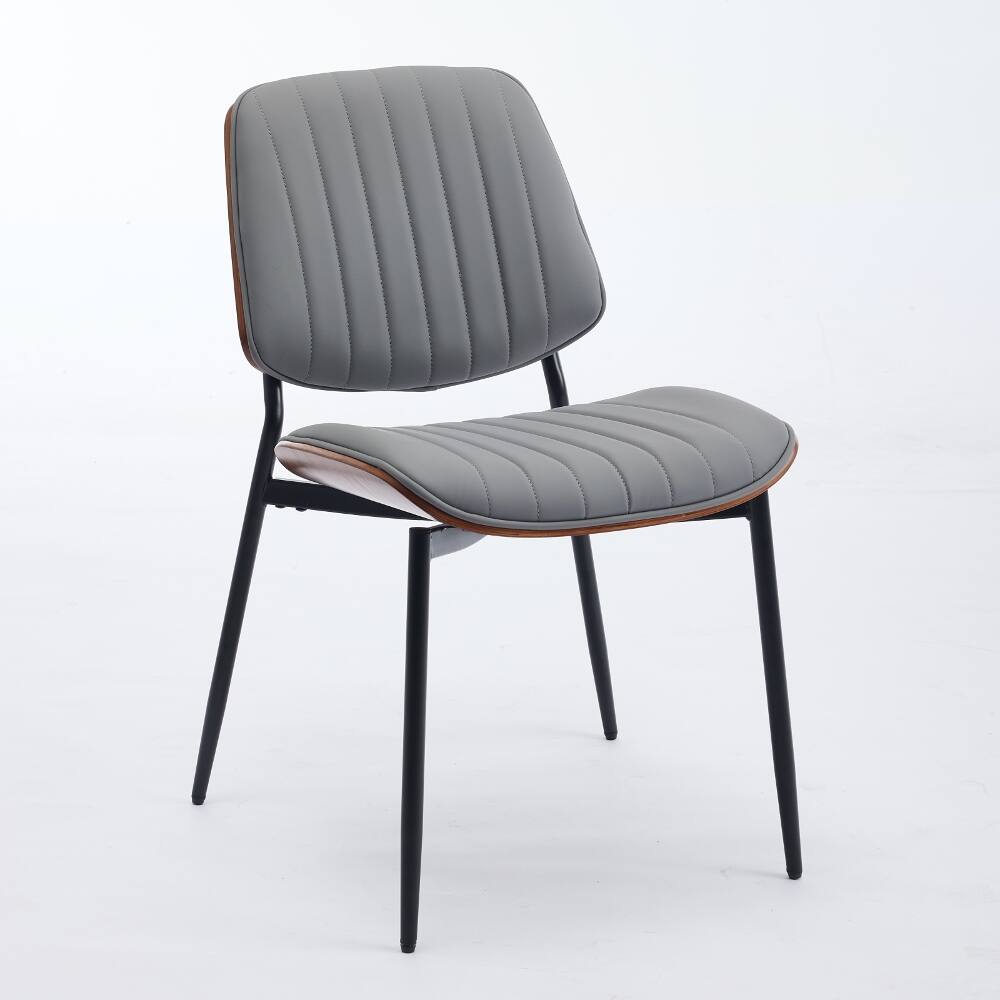 Back. Loheer - Loheer Mid-Century Dining Chairs Set of 2, Gray Faux Leather Walnut Bentwood Chairs with Metal Legs - Gray.