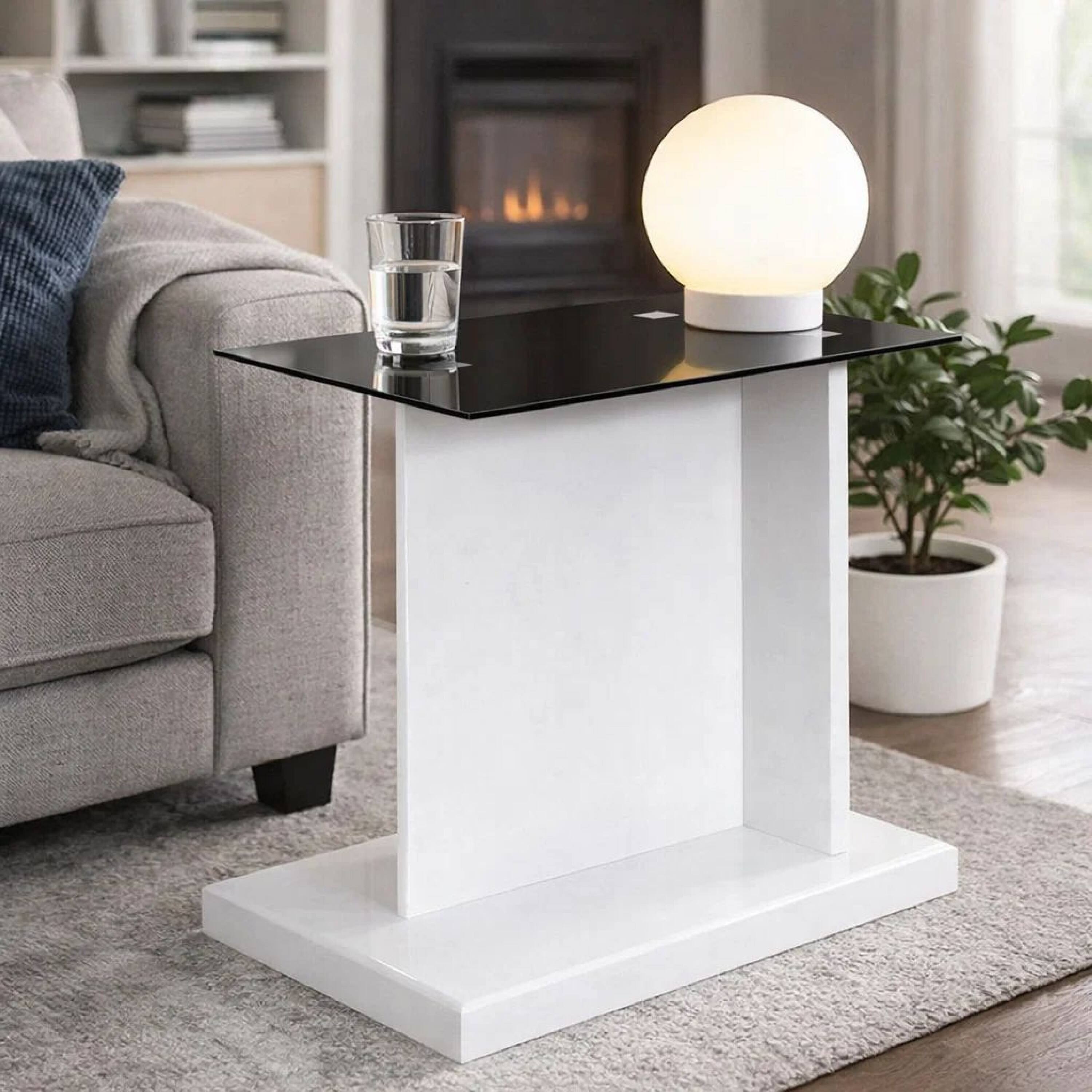 Alt View 8. Manhattan Lane - Liam 22 Inch Square Side End Table, White Wood, Pedestal Base, Glass Top - White, Black.