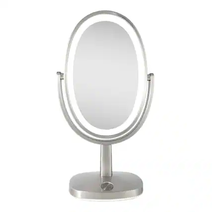 Front. Zadro - Newport, LED Lighted Makeup Mirror with 5X/1X Magnifications & Touch Control - Satin Nickel.