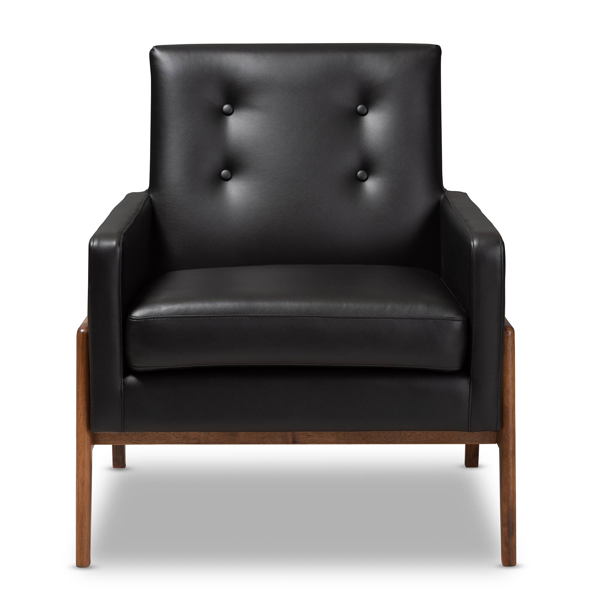Angle. Baxton Studio - Perris Mid-Century Modern Faux Leather Upholstered Walnut Wood Lounge Chair - Black.