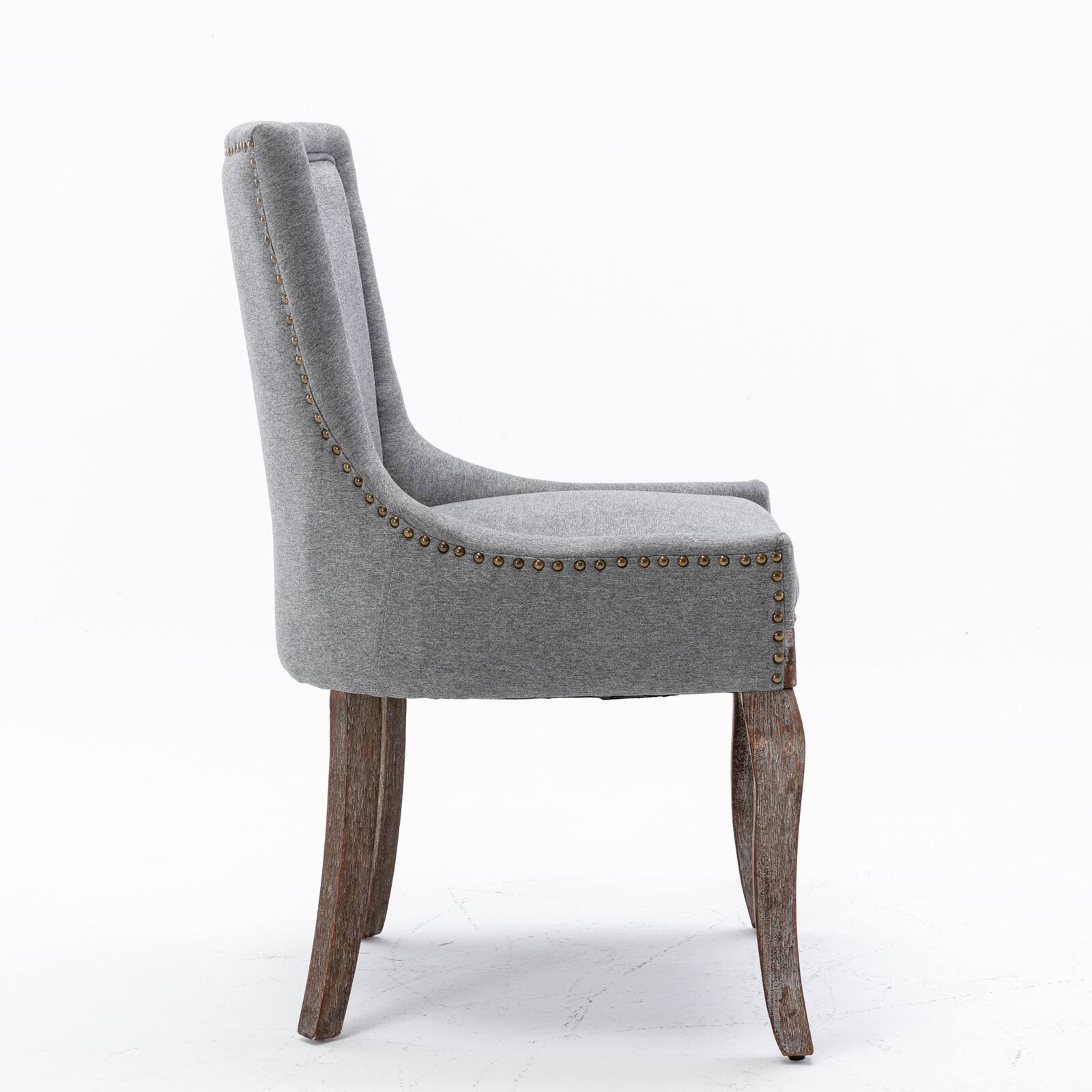 Back. GOODSILO - Ultra Side Dining Chair Set of 2, Thickened Fabric, Solid Wood Legs, Bronze Nail Head - Gray.