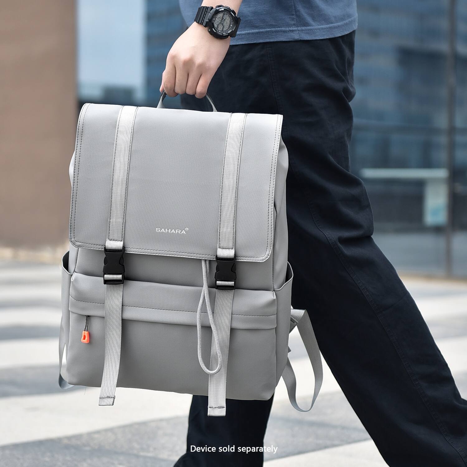 The man is walking and carrying a SAHARA device that is sold separately.