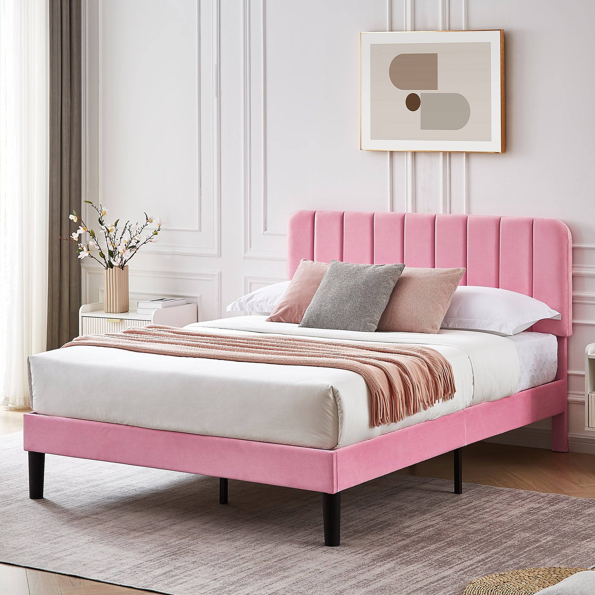Alt View 1. Vecelo - Upholstered Full Size Platform Bed Frame with Adjustable Headboard,Velvet Bed Frame No Box Spring Needed - Pink.