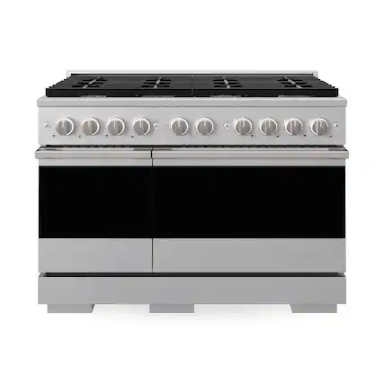 Front. ZLINE - 48 in. 6.7 cu. ft. Marino Freestanding Double Oven Gas Range with Convection Gas Oven with 8 Brass Burners - Satin Stainless Steel.