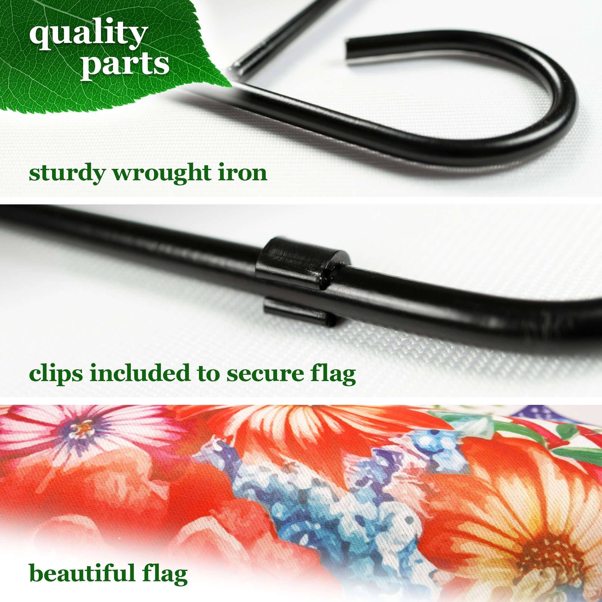 - quality parts
- sturdy wrought iron
- clips included to secure flag
- beautiful flag