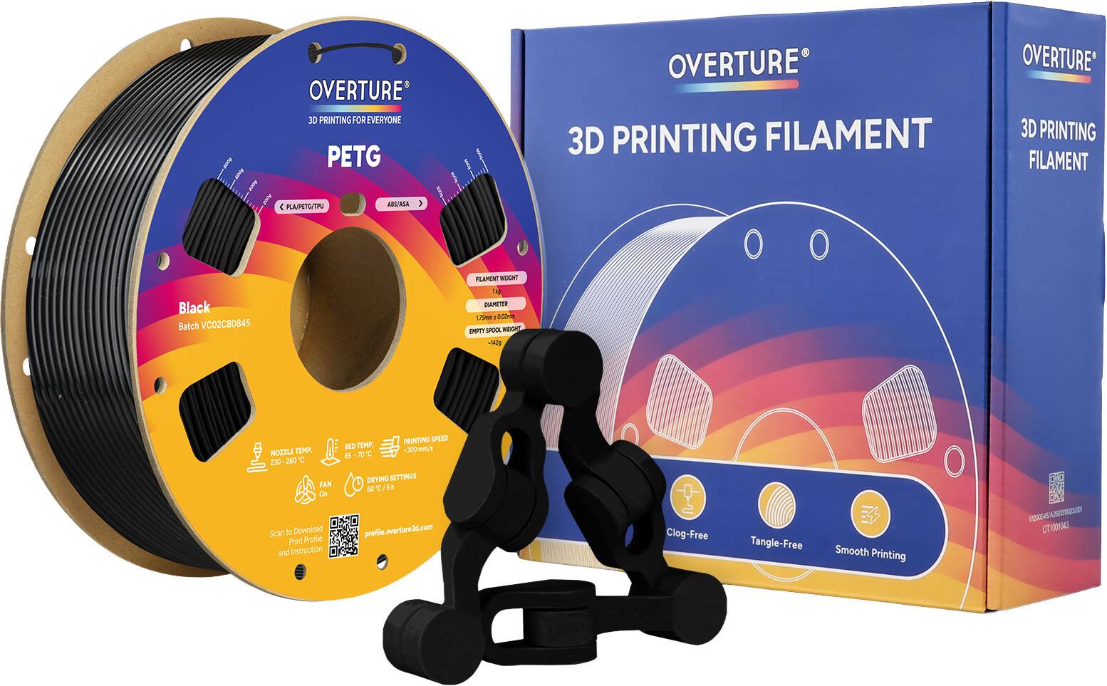 OVERTURE 3D PRINTING FOR EVERYONE PETG (ABS/ASA) PLA/PETG/TPU OVERTURE 3D PRINTING FILAMENT OVERTURE 3D PRINTING FILAMENT Black Batch VC02CB0845 FILAMENT WEIGHT 1.49 kg - DIAMETER 1.75mm F 0.02mm EMPTY SPOOL WEIGHT 142g PRINTING SPEED 300 mm/s BED TEMP. 65-70°C NOZZLE TEMP. 230-260°C DRYING SETTINGS 60°C/5h On FAN On Scan to Download profile.overture3d.com Print Profile and Instruction Clog-Free Tangle-Free Smooth Printing A2S0002S 30 100645/A290-0230 120056 OT1001340