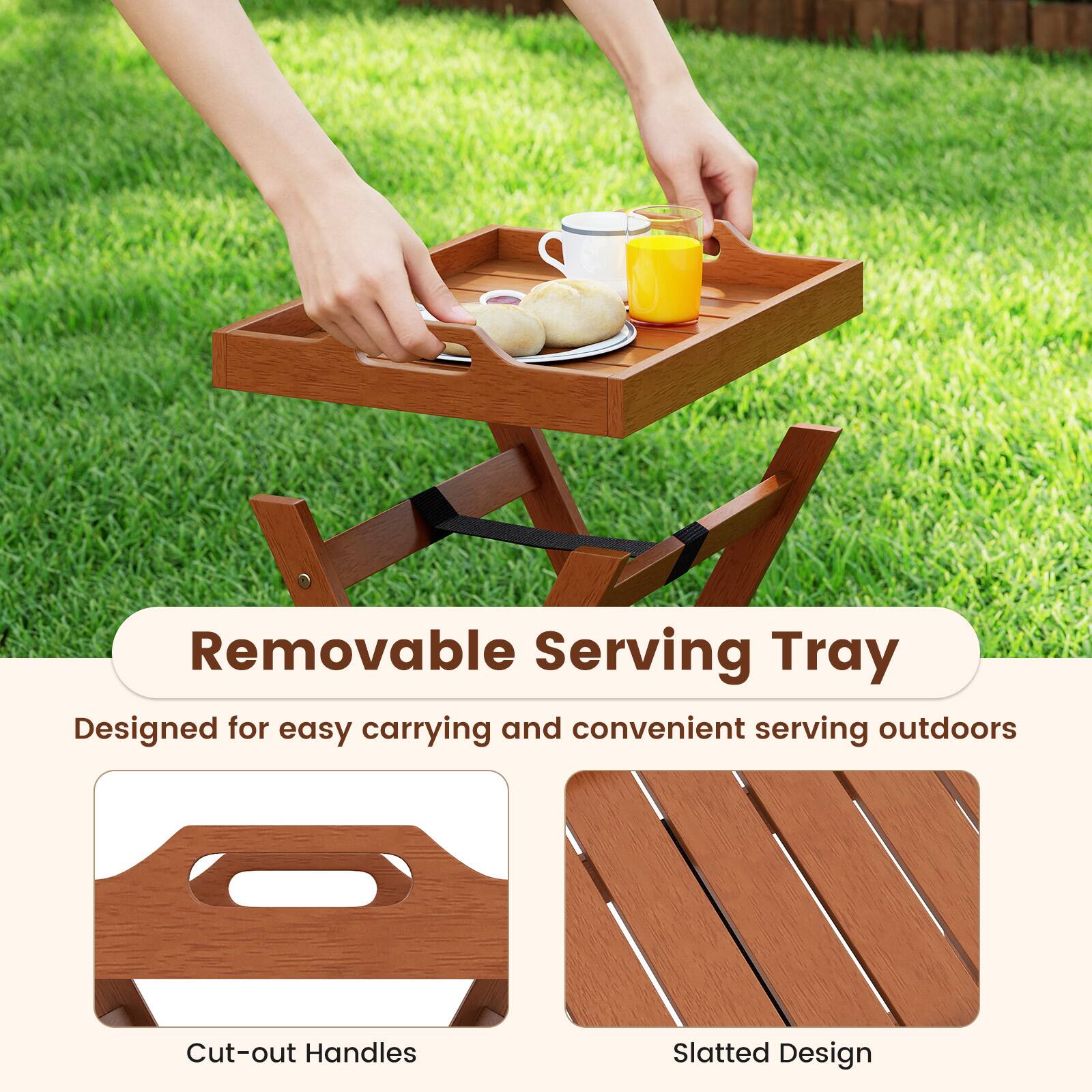 Removable Serving Tray  
Designed for easy carrying and convenient serving outdoors  

Cut-out Handles  
Slatted Design