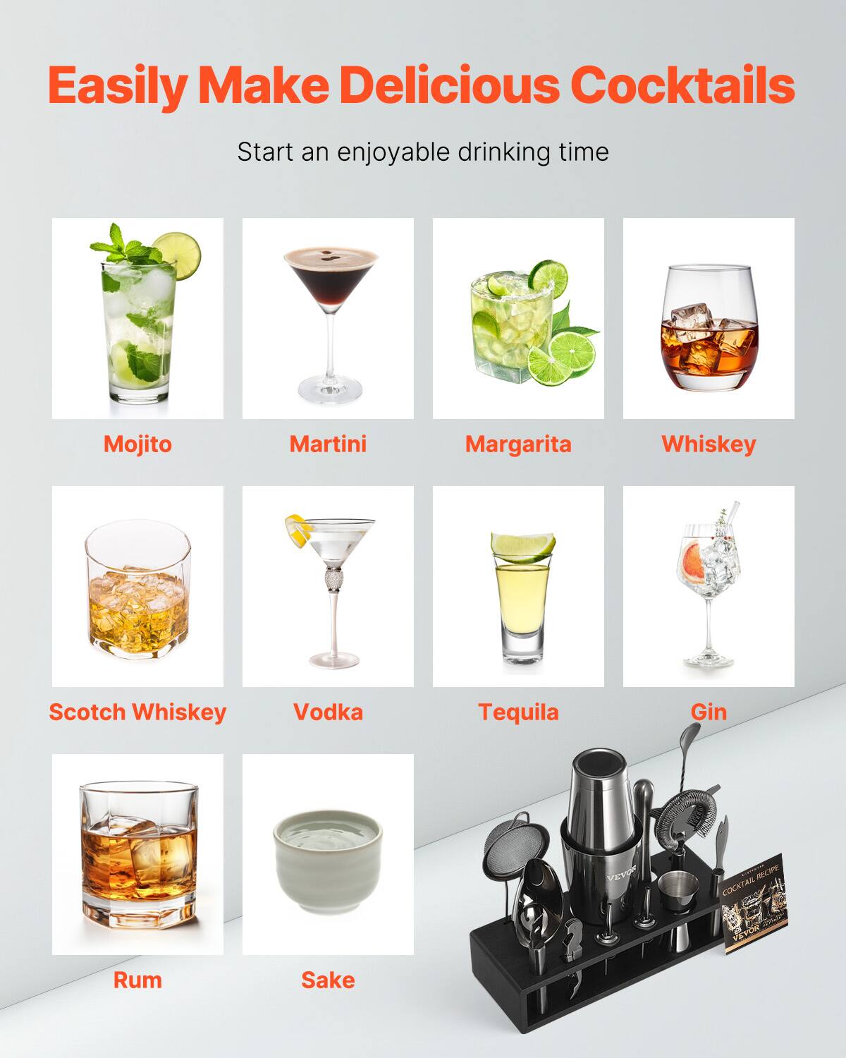 Easily Make Delicious Cocktails  
Start an enjoyable drinking time  

Mojito  
Martini  
Margarita  
Whiskey  
Scotch Whiskey  
Vodka  
Tequila  
Gin  
Rum  
Sake  

VEVO COCKTAIL RECIPE