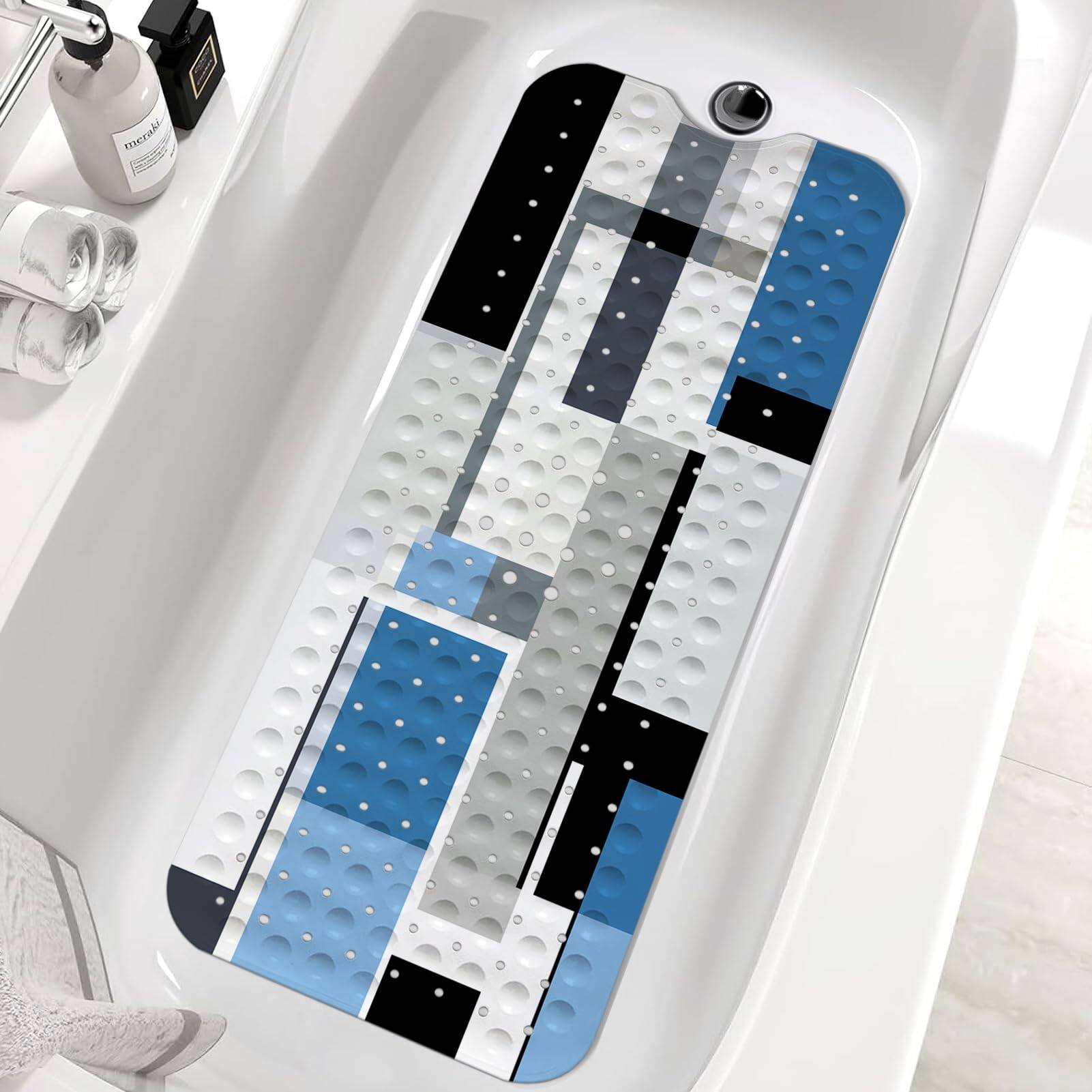 Paradigms Interiors - Bath Tub Mat Non Slip Modern Geometric Large Washable Shower Mats With Drain Holes And Suction Cups Inch - Blue Black
