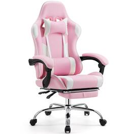 Anysun - Ergonomic Video Game Desk Chair - PU Leather Recliner with Footrest, Lumbar Support, Headrest & Fixed Armrests - white&pink