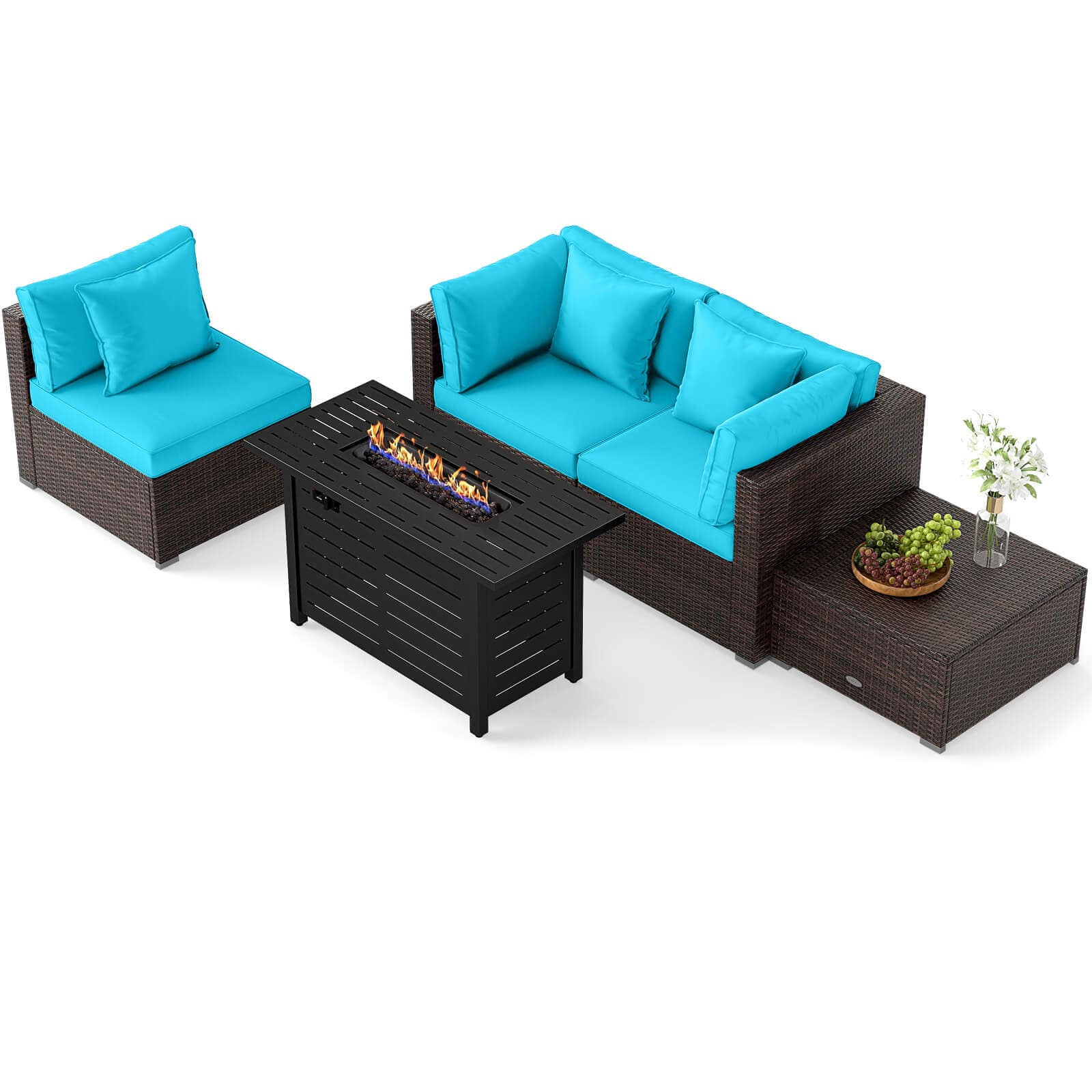 Costway - 5 PCS Patio Furniture Set Heavy-duty Frame Rattan Sofa Set with 60,000 BTU Firepit Table - Turquoise