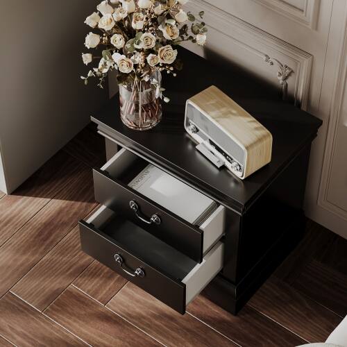 Left. LUCKY ONE - 22" Assembled Classic Wooden Nightstand 2-Drawer Antique Pulls - Black.