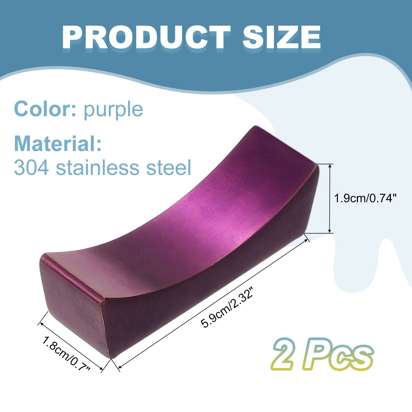 PRODUCT SIZE

Color: purple  
Material: 304 stainless steel

1.9cm/0.74"  
1.8cm/0.7"  
5.9cm/2.32"  

2 Pcs