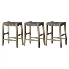 Maven Lane - Emerson Counter Stool, Wood & Vegan Leather, Set of 3 - Weathered Grey