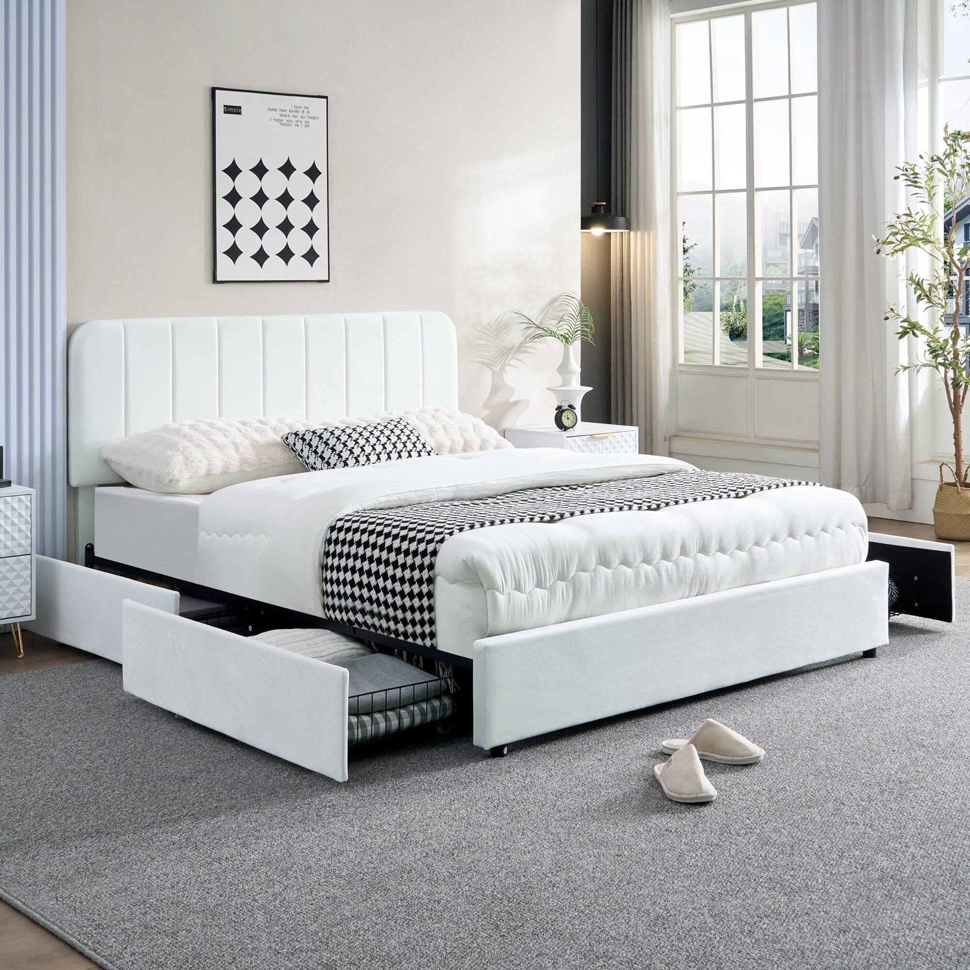 Left. Vecelo - King Size Storage Bed Frame with 4 Drawers - Velvet Upholstered, Adjustable Headboard, 800lb Capacity, Noise Free - White.