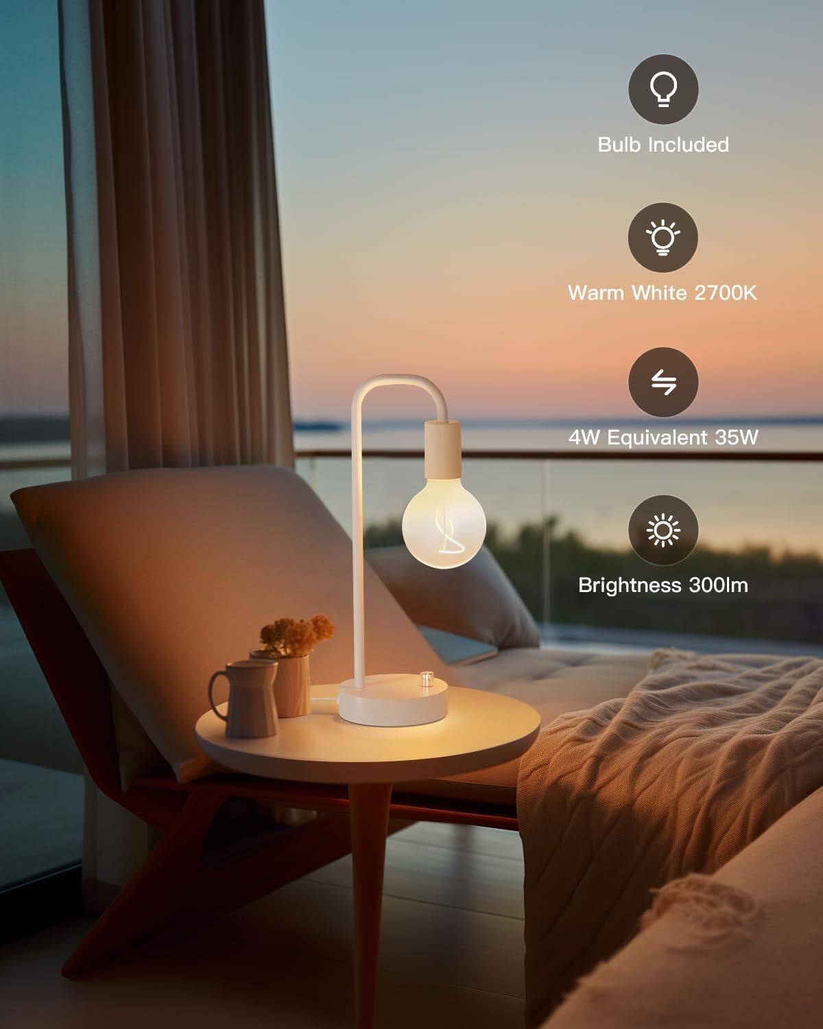 Bulb Included  
Warm White 2700K  
4W Equivalent 35W  
Brightness 300lm