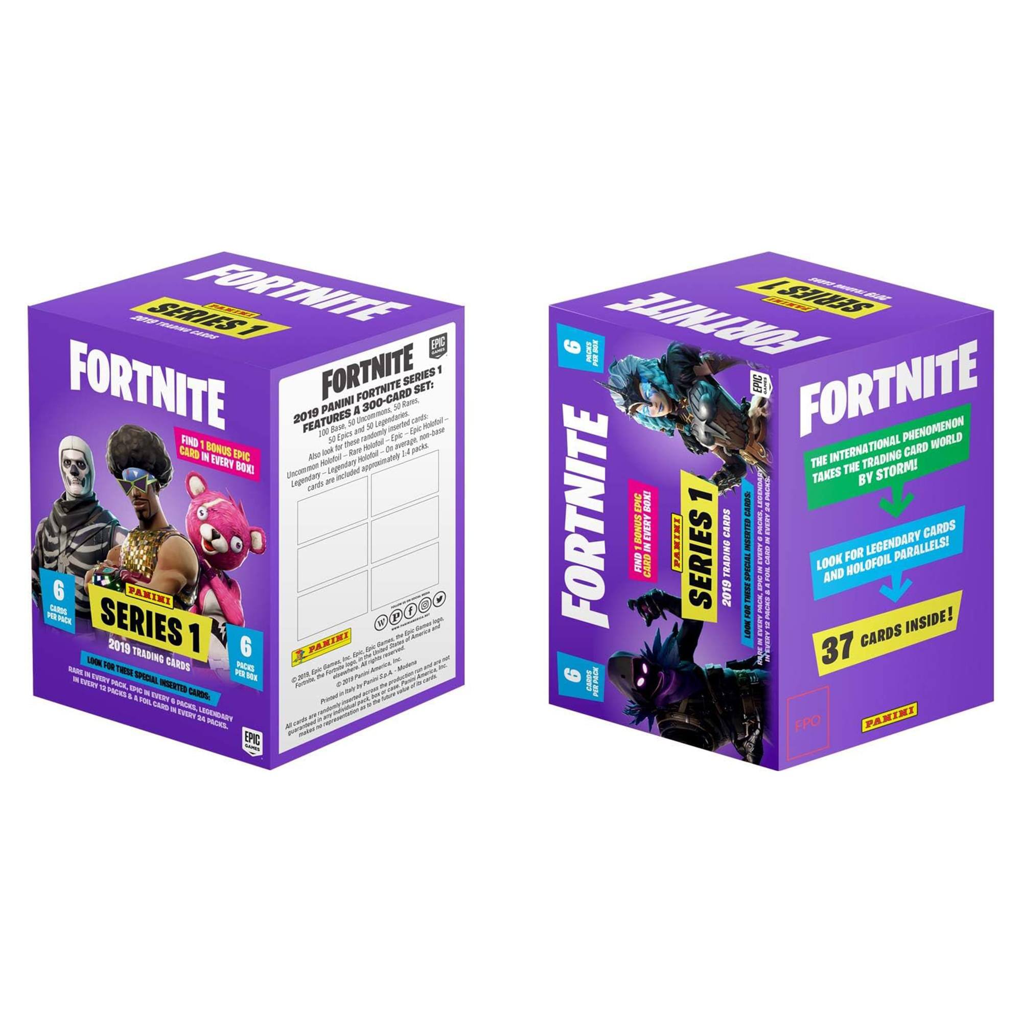 FORTNITE SERIES 1  
2019 PANINI FORTNITE SET: A 300-CARD SET!  
FIND 1 RARE EPIC CARD IN EVERY BOX!  
LOOK FOR LEGENDARY CARDS AND HOLOFOIL PARALLELS!  
37 CARDS INSIDE!  
THE INTERNATIONAL PHENOMENON TAKES THE TRADING CARD WORLD BY STORM!  
6 PACKS PER BOX