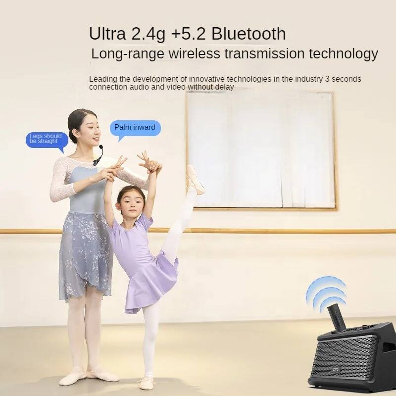 Ultra 2.4g +5.2 Bluetooth  
Long-range wireless transmission technology  

Leading the development of innovative technologies in the industry  
3 seconds connection audio and video without delay  

Legs should be straight  
Palm inward