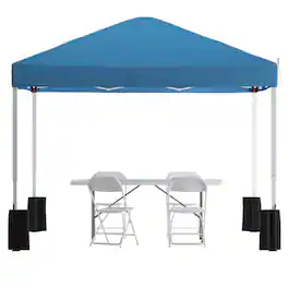 Flash Furniture - Otis Portable Tailgate/Event Tent Set-10'x10' Wheeled Blue Pop Up Canopy Tent, 6-Foot Bi-Fold Table, 4 White Folding Cha