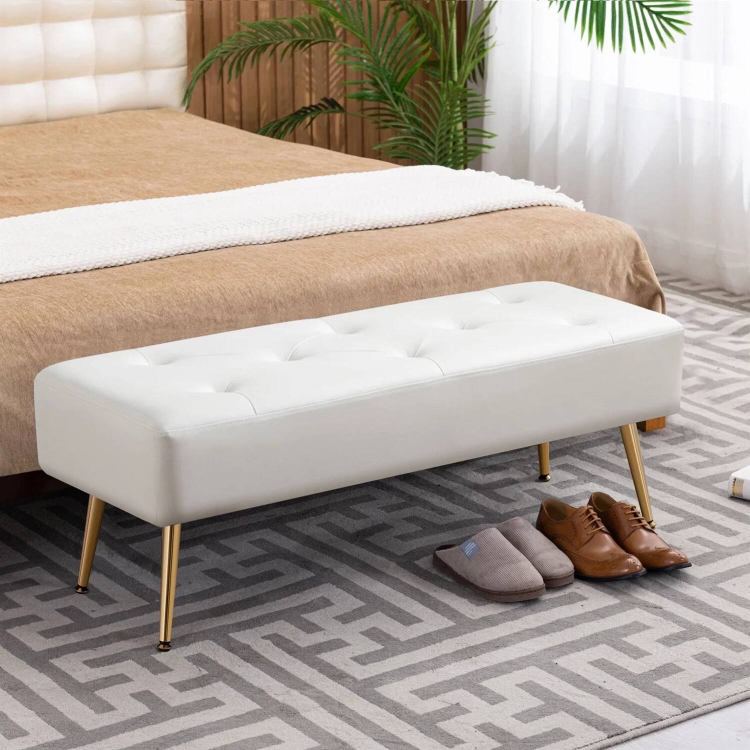 Back. Hivvago - Modern Bed Bench Ottoman with PU Leather Seat and Metal Legs - White.