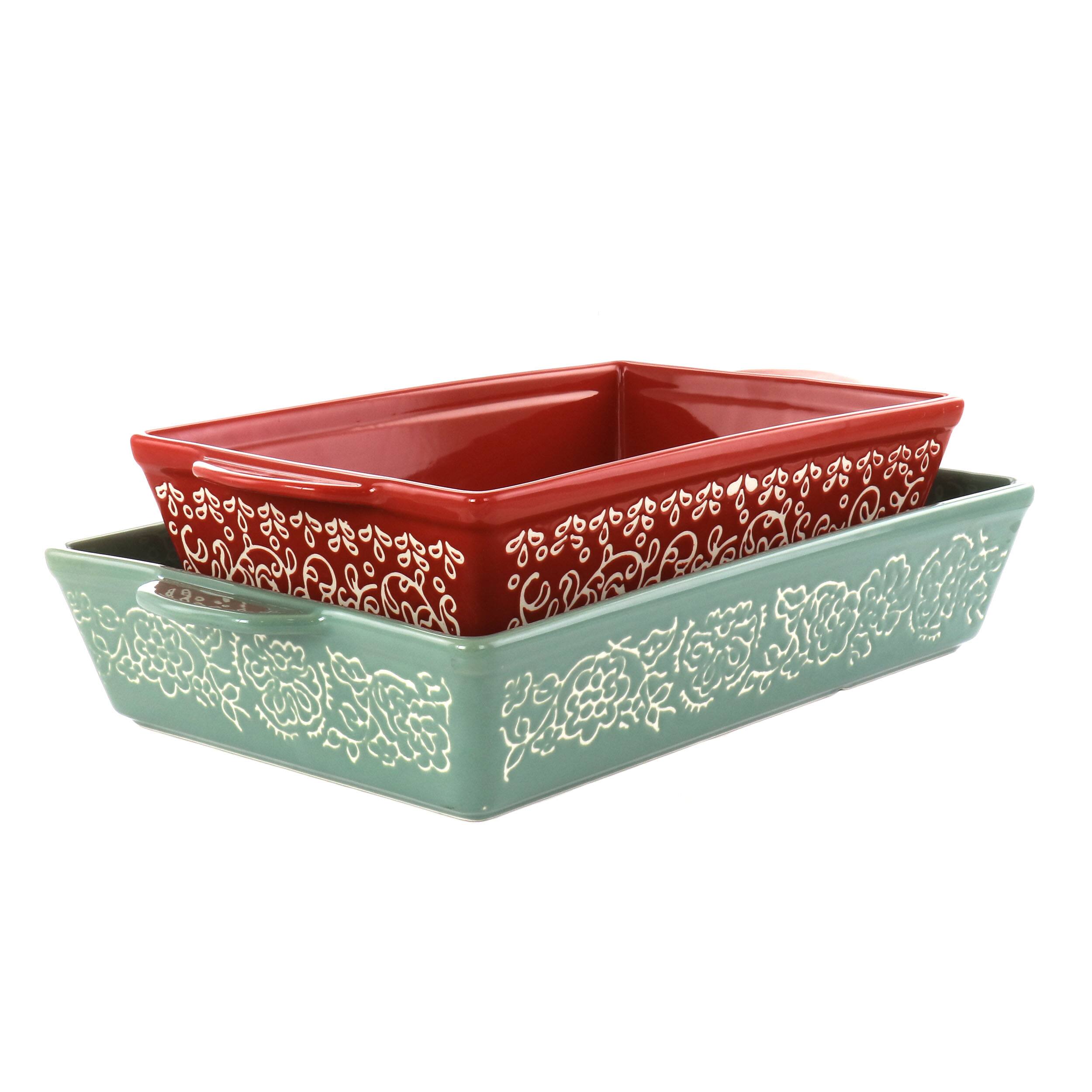Gibson - Laurie Gates 2 Piece Tierra Wax Relief Stoneware Baker Set - Red and Mint