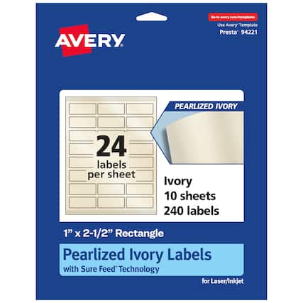 Go to avery.com/templates
AVERY
Use Avery Template Presta 94221
PEARLIZED IVORY
24 labels per sheet
Ivory 10 sheets 240 labels
1" X 2-1/2" Rectangle
Pearlized Ivory Labels with Sure Feed Technology for Laser/Inkjet