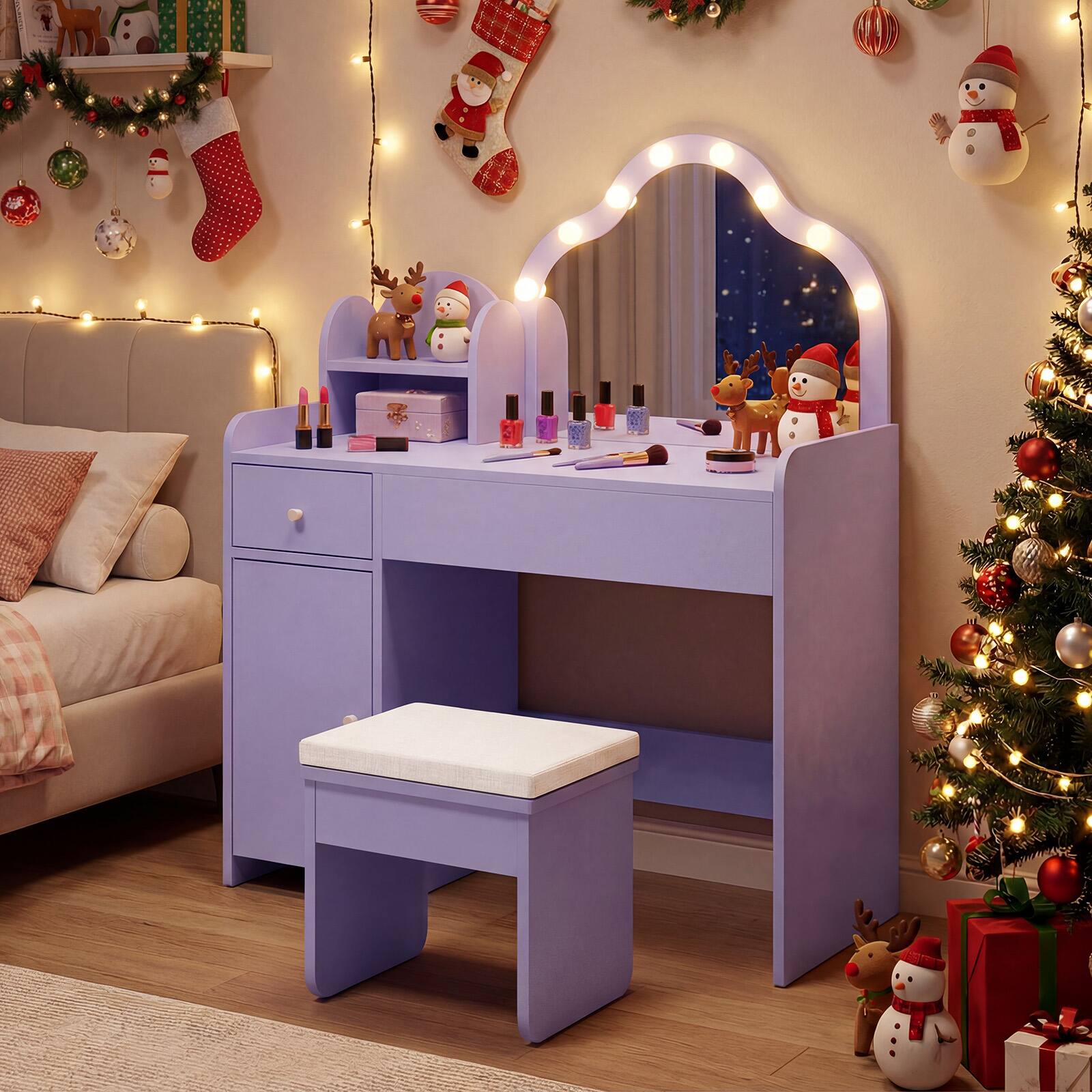 Alt View 4. Gymax - Gymax Kids Vanity Set Princess Pretend Play Makeup Desk w/ Cute Cloud-Shaped Mirror - Purple.