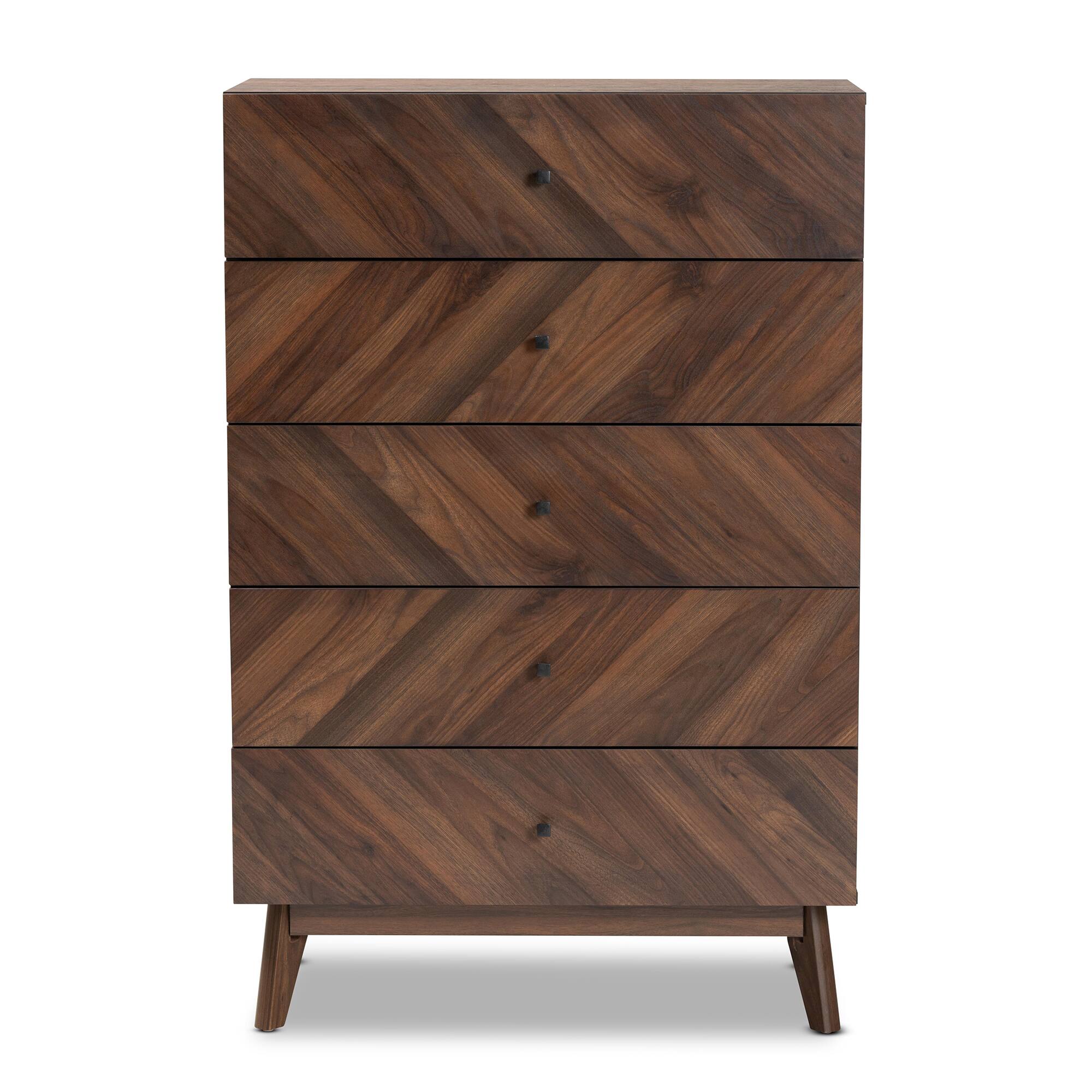 Left. Baxton Studio - Hartman Mid-Century Modern Finished Wood 5-Drawer Storage Chest - Walnut Brown.