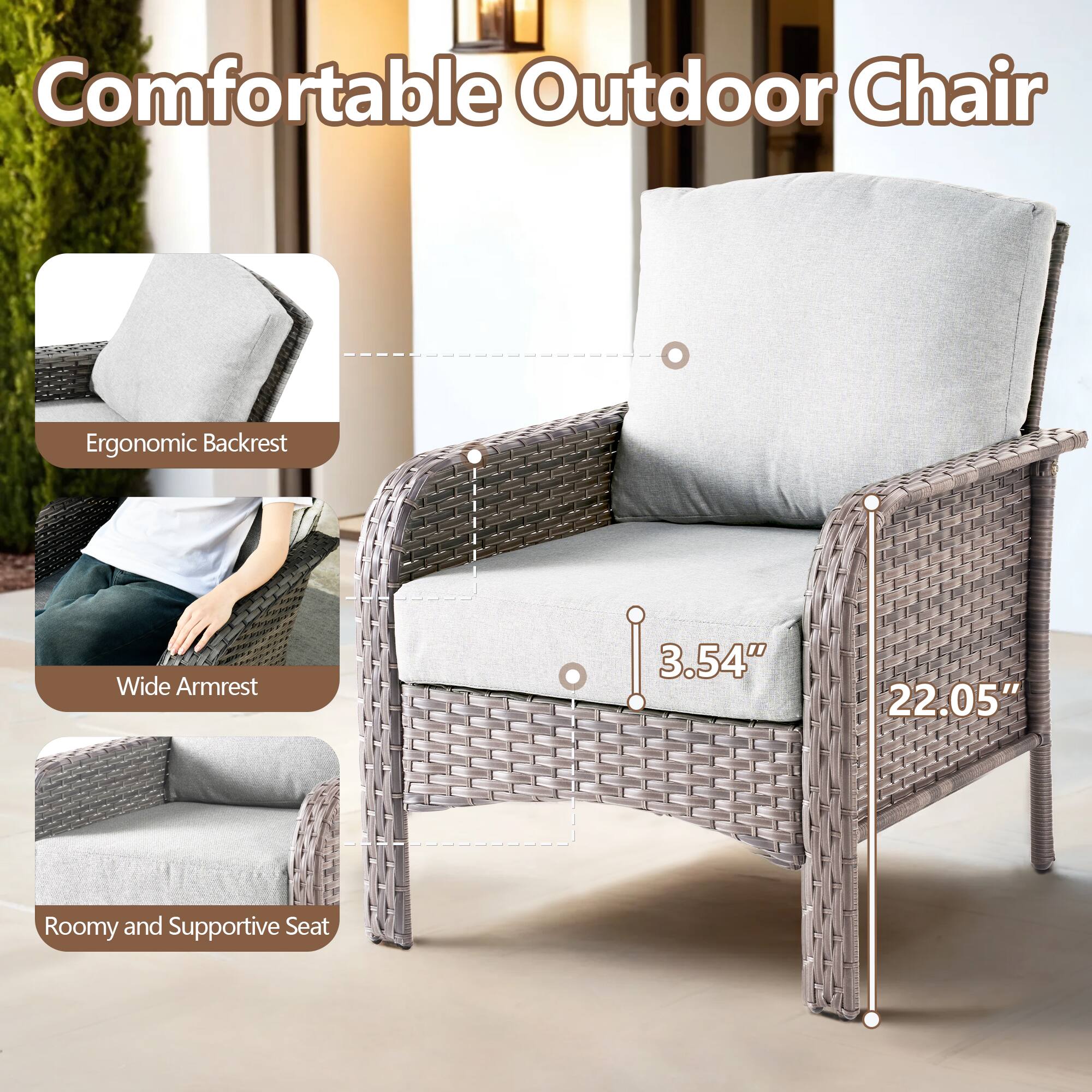 Comfortable Outdoor Chair

- Ergonomic Backrest
- Wide Armrest
- Roomy and Supportive Seat

Dimensions:
- 3.54"
- 22.05"