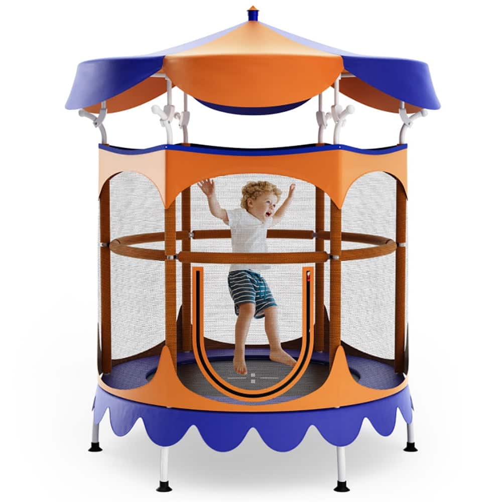 Kadyn - Kids Trampoline, Outdoor Jumper,64" Kids Trampoline with Detachable Canopy and Safety Enclosure Net-Orange