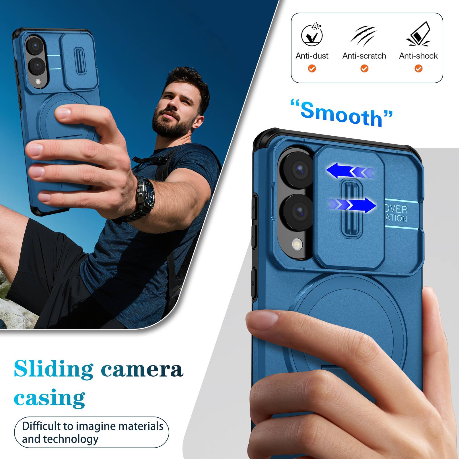 Anti-dust  
Anti-scratch  
Anti-shock  
"Smooth"  
Sliding camera casing  
Difficult to imagine materials and technology