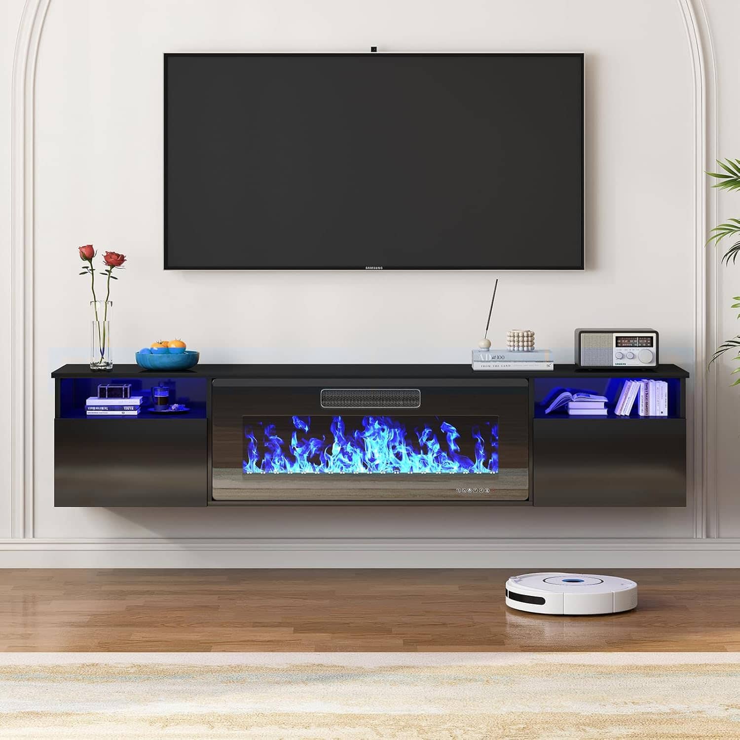 Circus Cirle - 70" Floating TV Stand with 36" Electric Fireplace Heater - Black