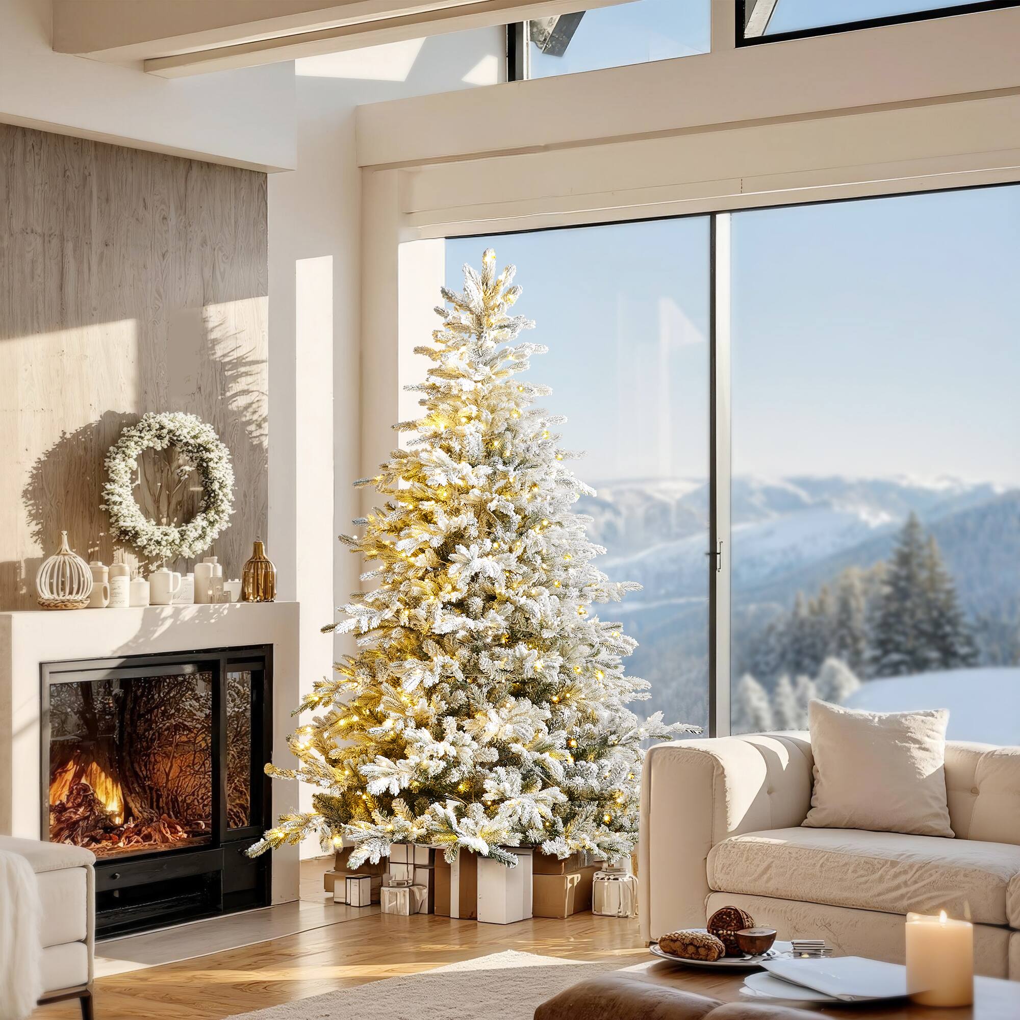 Alt View 9. Glitzhome - 7.5ft Pre-Lit Flocked Full Fir Artificial Christmas Tree with 580 LED Lights - White.
