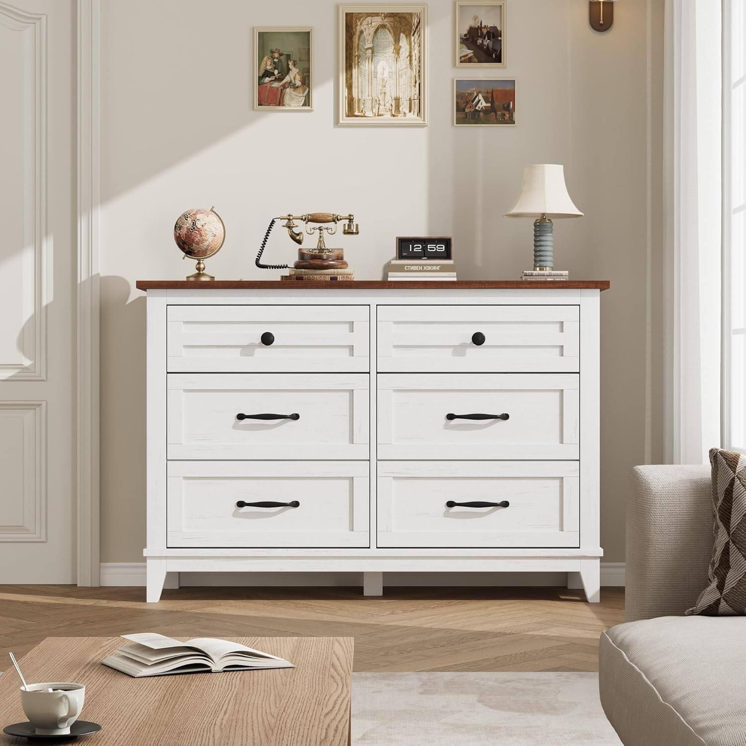Qeetex - 6 Drawer Dresser for Bedroom, 47" Wide Chest with Storage, Wooden Closet Organizer for Entryway - Ash White+brown