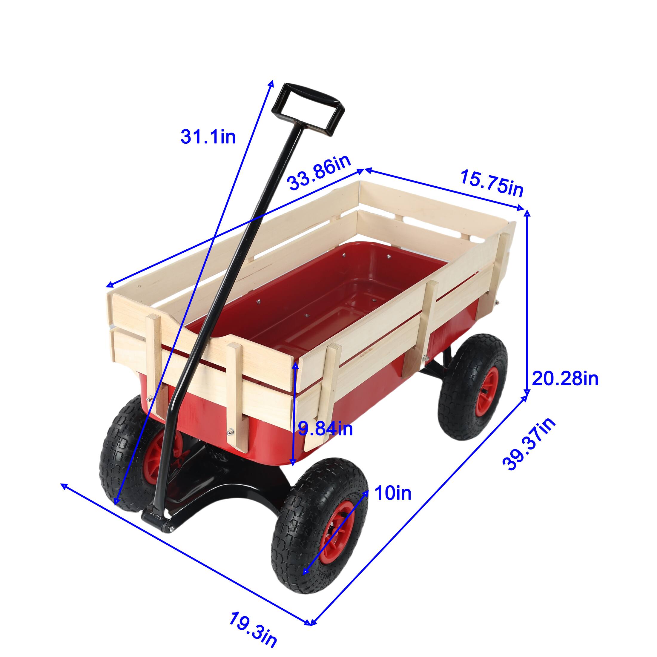 - Length: 39.37in
- Width: 15.75in
- Height: 33.86in
- Handle Height: 31.1in
- Wheelbase: 19.3in
- Wheel Diameter: 10in
- Side Height: 9.84in
- Front to Rear: 20.28in