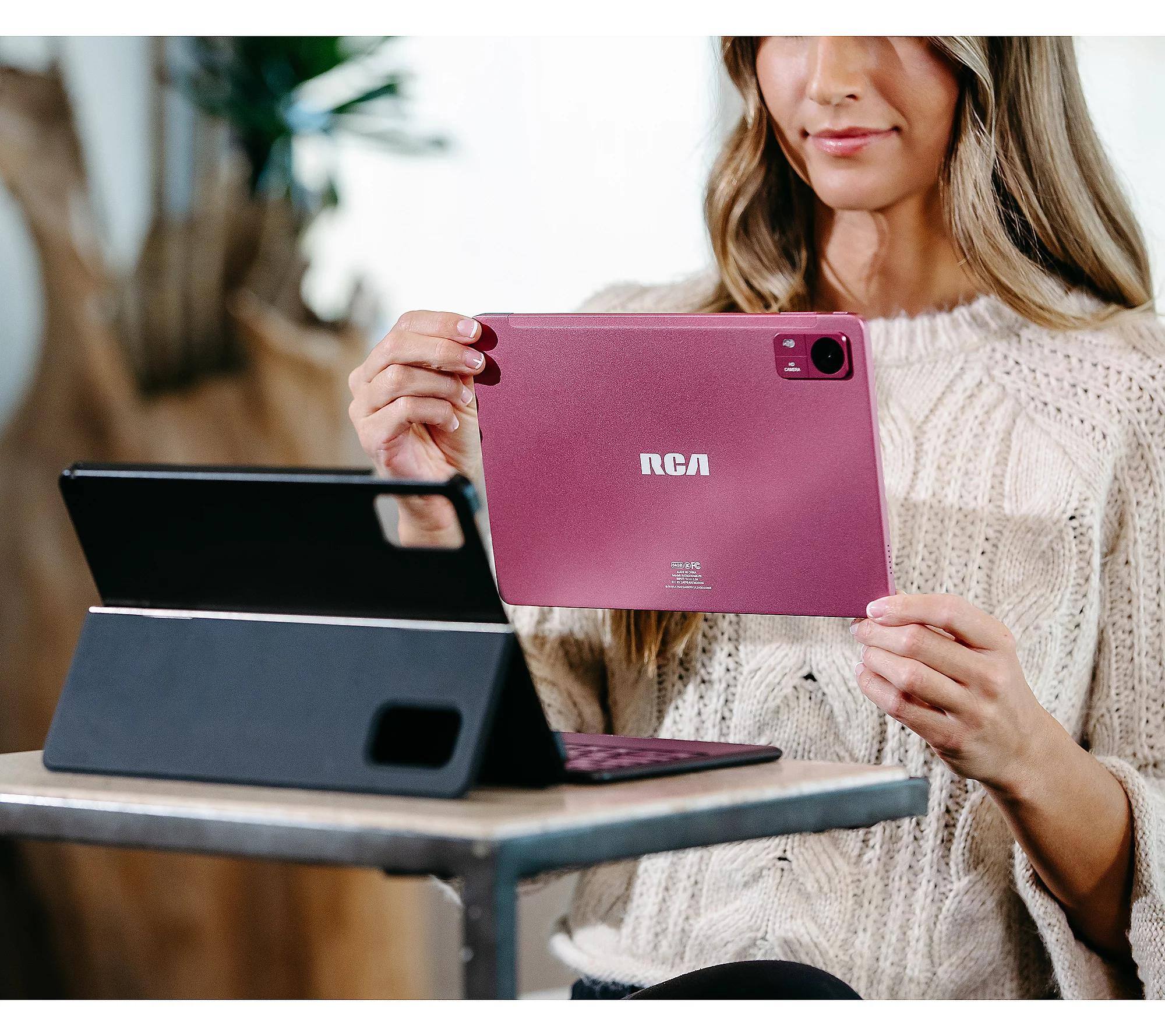 Angle. RCA - RCA 10” Tablet MediaTek MT8781/G99, Octa Core, 4GB Memory 64GB Storage, 2 MP Front Camera, 5 MP Rear Camera, Android 14 - Pink.