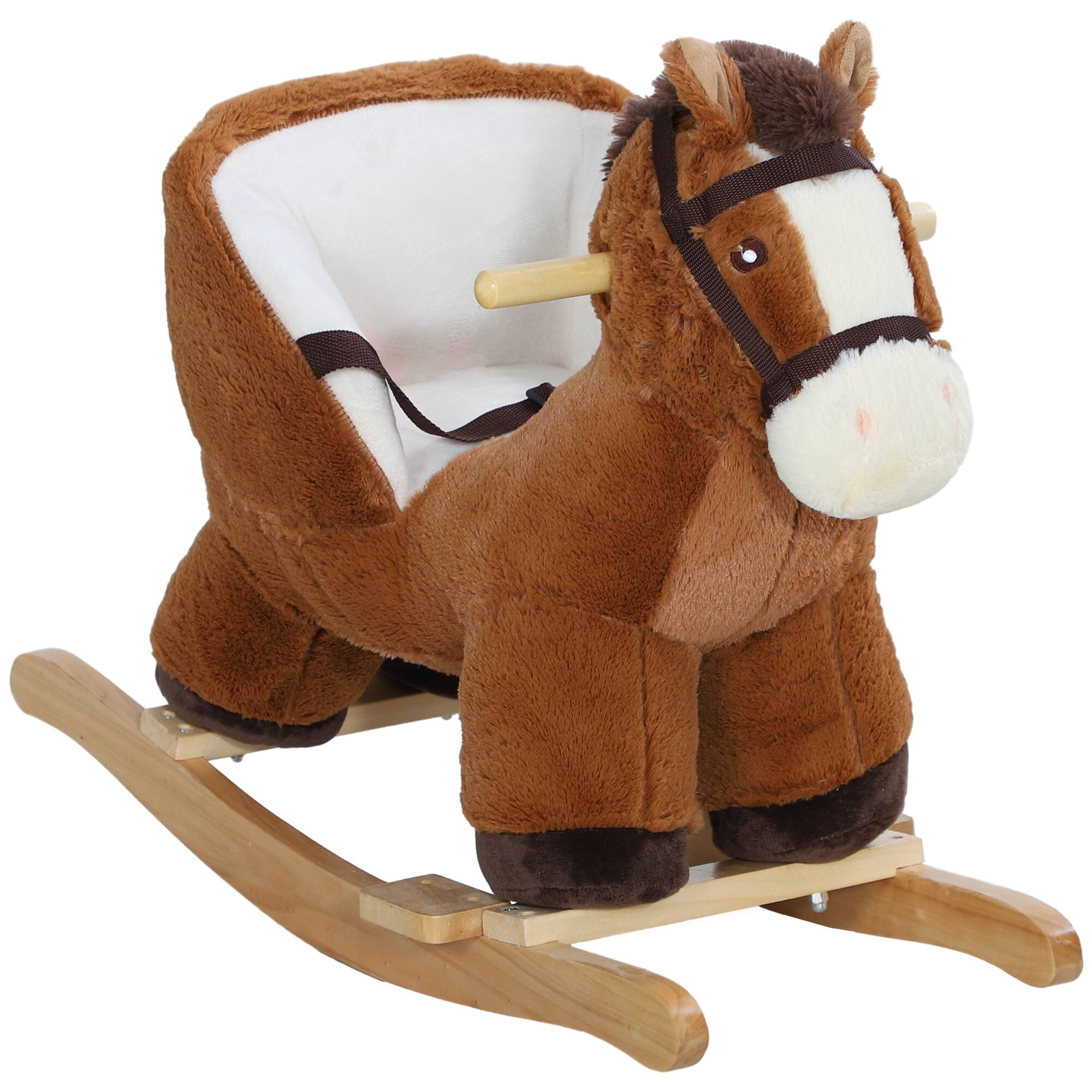 Front. Glintex - Plush Rocking Horse for Kids with Sounds, Safety Belt, and Soft 3-Sided Seat - Brown.