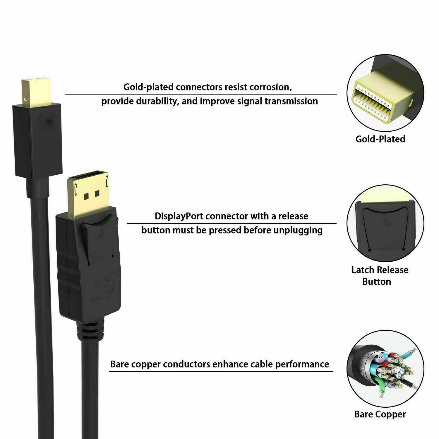 Gold-plated connectors resist corrosion, provide durability, and improve signal transmission.

Gold-Plated DisplayPort connector with a release button must be pressed before unplugging.

Bare copper conductors enhance cable performance.