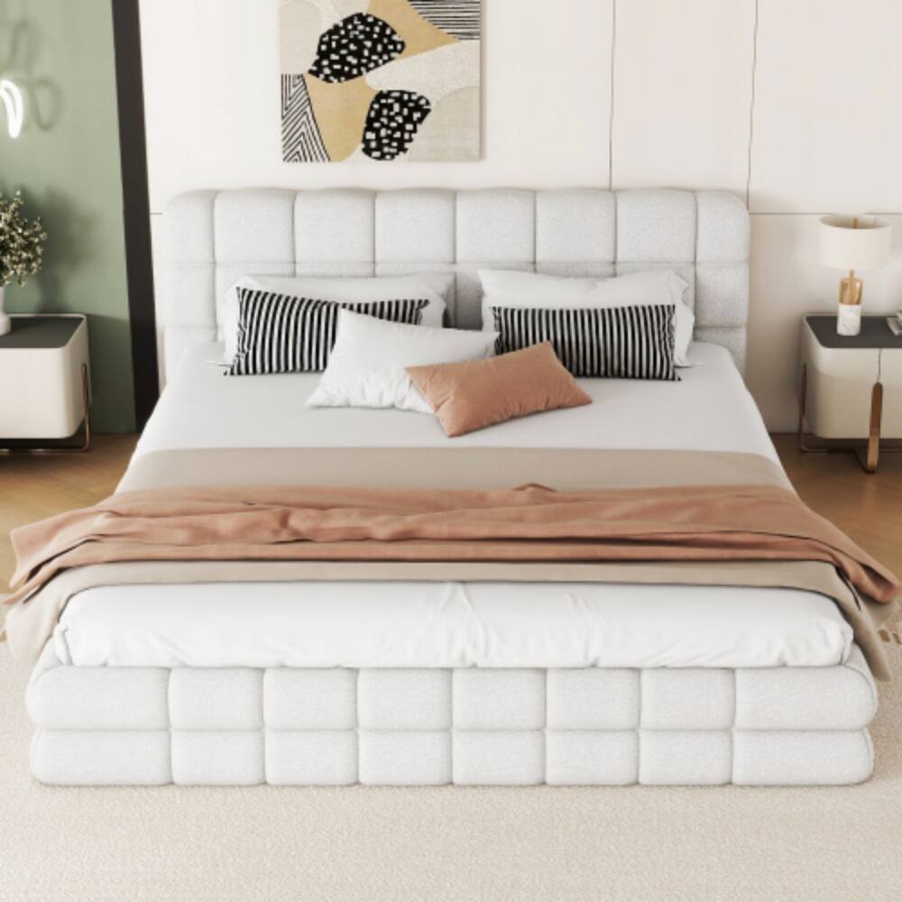 Angle. LUCKY ONE - Queen Size Upholstered Platform Bed - White.
