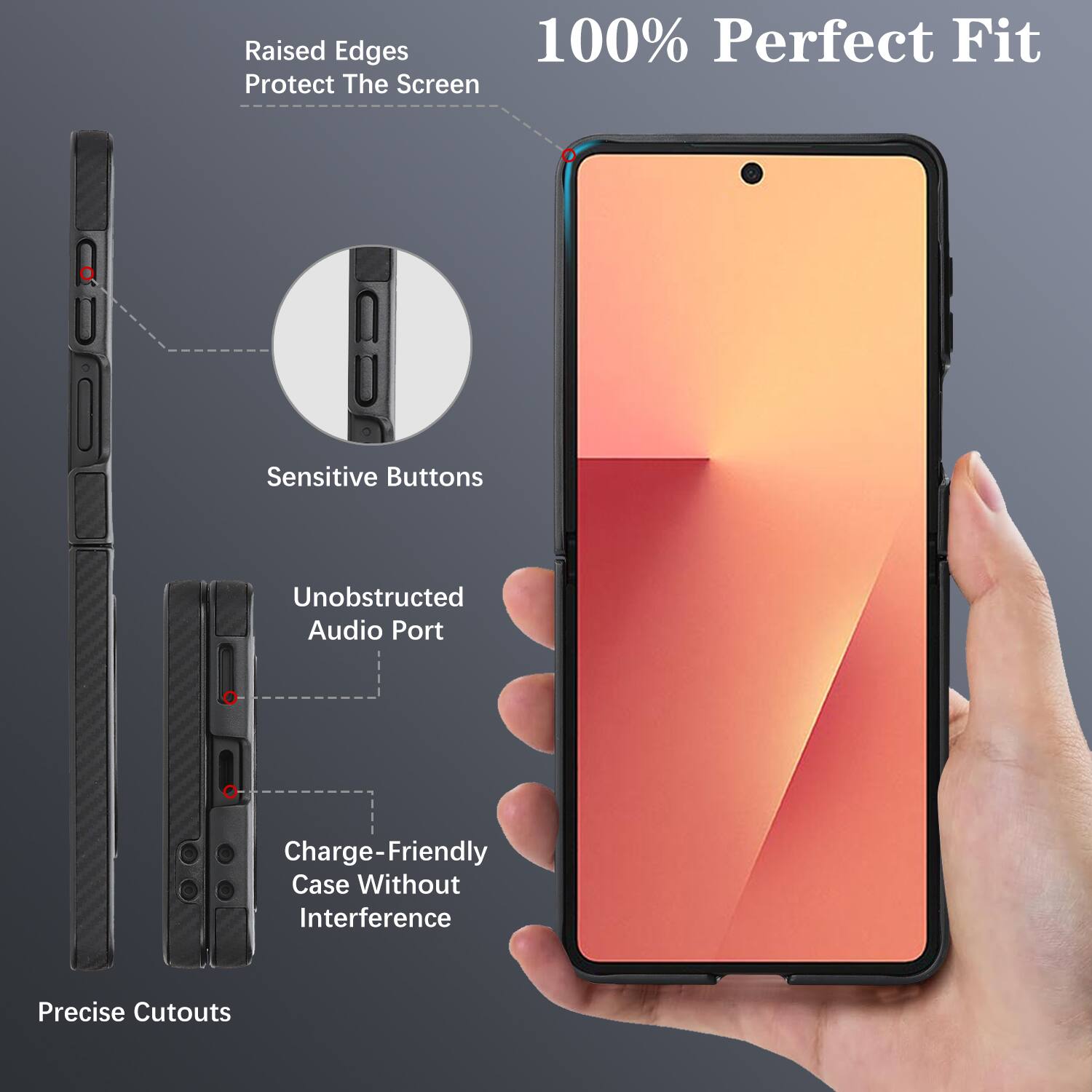 Raised Edges 100% Perfect Fit Protect The Screen Sensitive Buttons Unobstructed Audio Port Charge-Friendly Case Without Interference Precise Cutouts