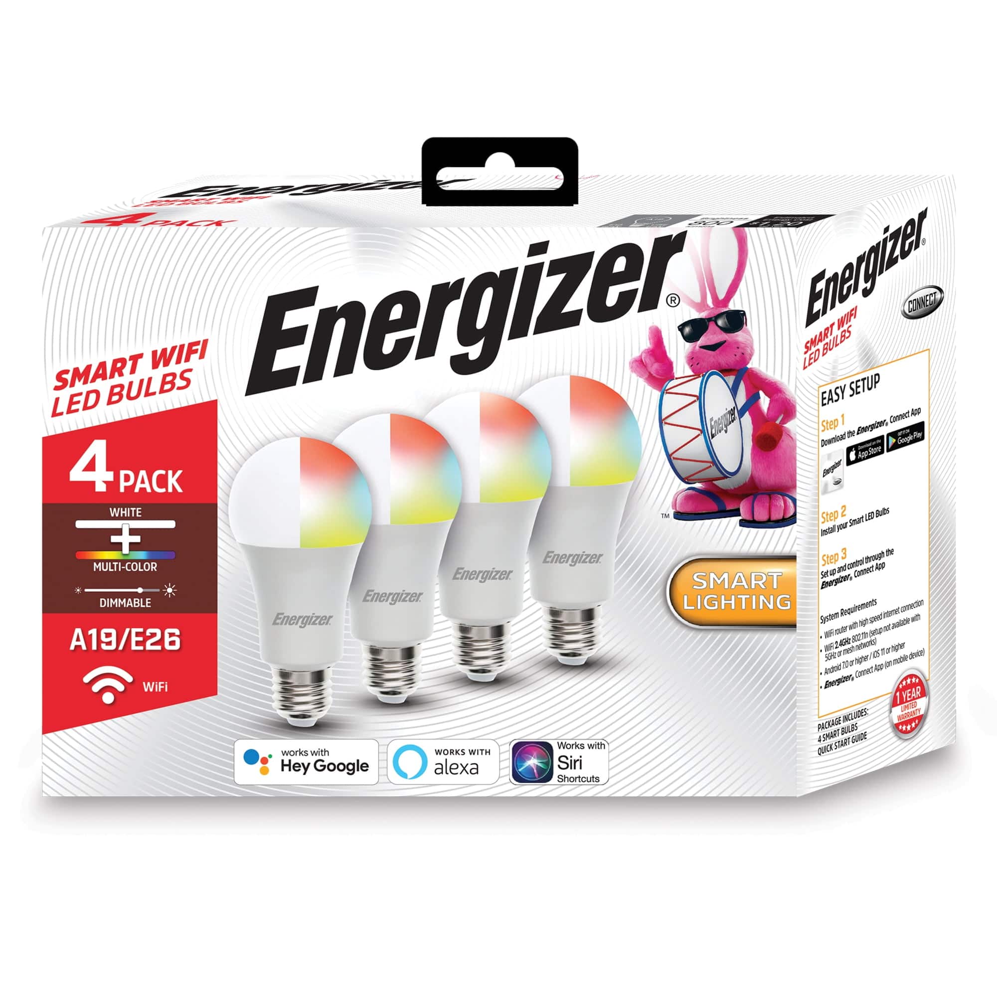 Energizer - 4-Pack Smart Wi-Fi Multi-Color and Single White LED Light Bulb, A19 Shape, E26 Base - Multicolor