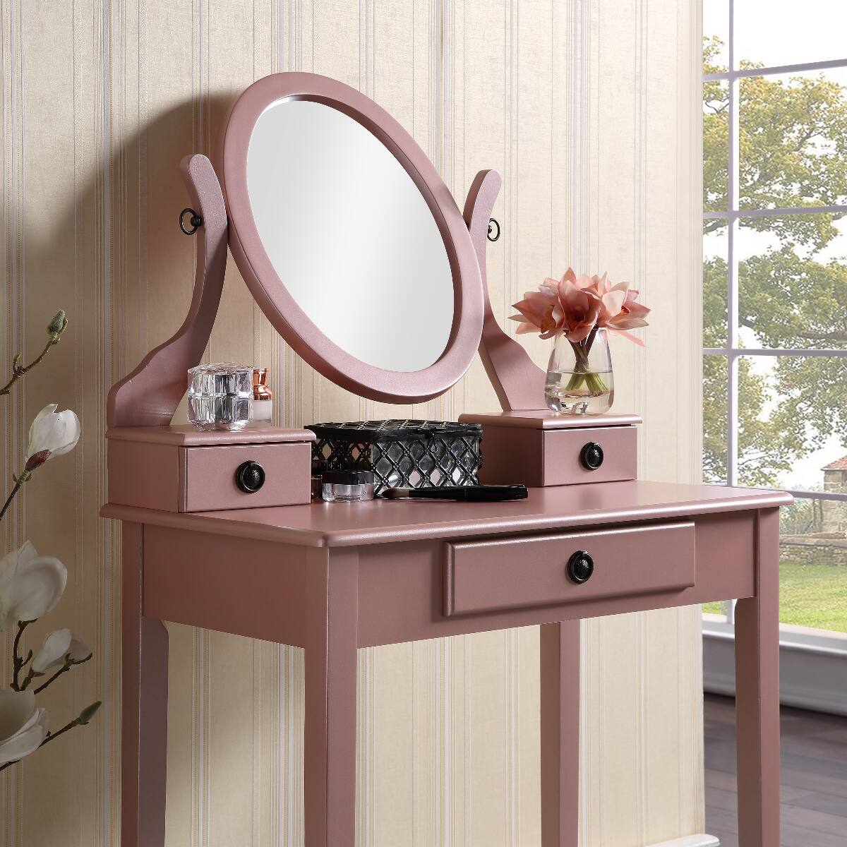 Loheer Wood Makeup Vanity Table with Stool, Adjustable Oval Mirror, 3 ...