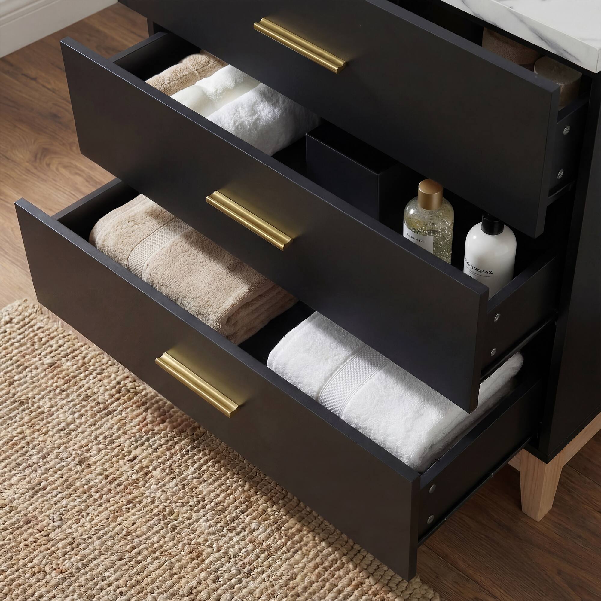 Alt View 4. FUFU & GAGA - Bathroom Vanity with Round Ceramic Vessel Sink – 31.5" Faux Marble Top, 3 Drawers, Gold Handles for Modern Bathroom - Black.