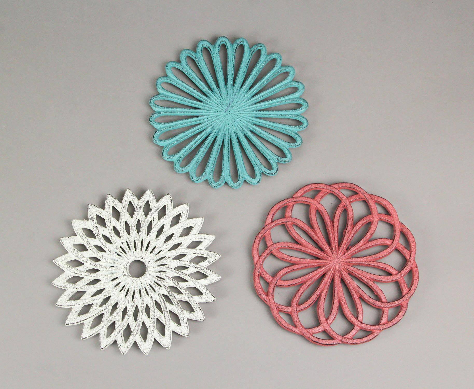 Alt View 2. Zeckos - Set of 3 Cast Iron Floral Bloom Kitchen Trivets Decorative Wall Hangings - Multicolored.