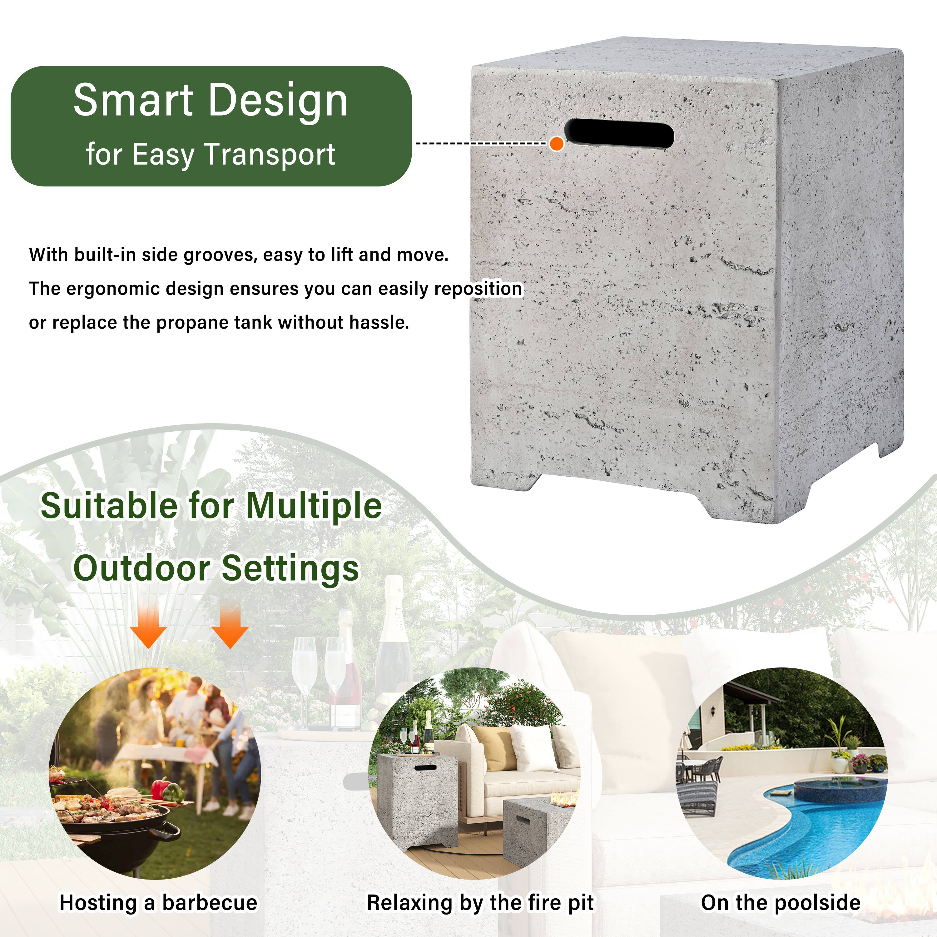 Smart Design for Easy Transport

With built-in side grooves, easy to lift and move. The ergonomic design ensures you can easily reposition or replace the propane tank without hassle.

Suitable for Multiple Outdoor Settings

Hosting a barbecue  
Relaxing by the fire pit  
On the poolside
