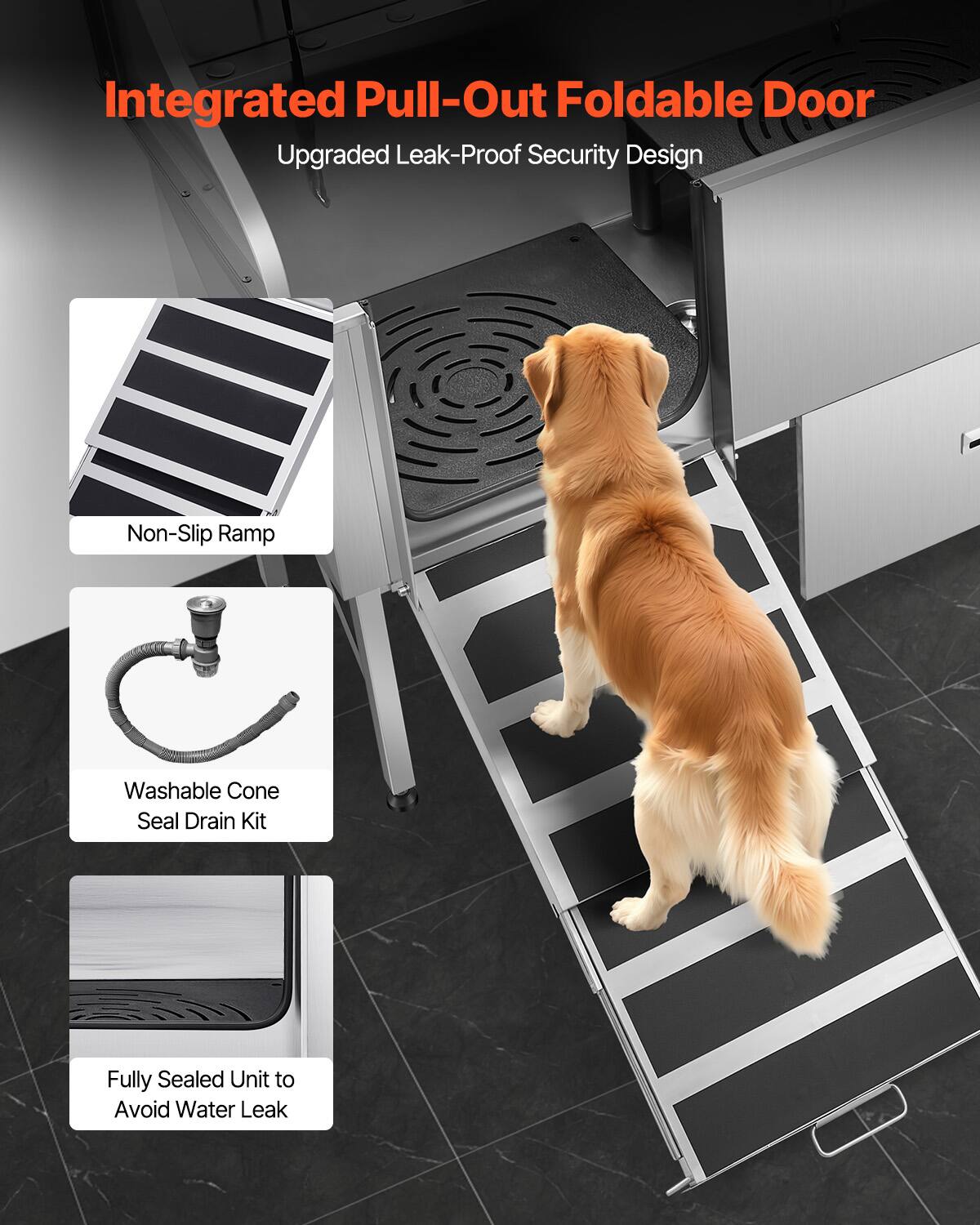 Integrated Pull-Out Foldable Door  
Upgraded Leak-Proof Security Design  

- Non-Slip Ramp  
- Washable Cone Seal Drain Kit  
- Fully Sealed Unit to Avoid Water Leak